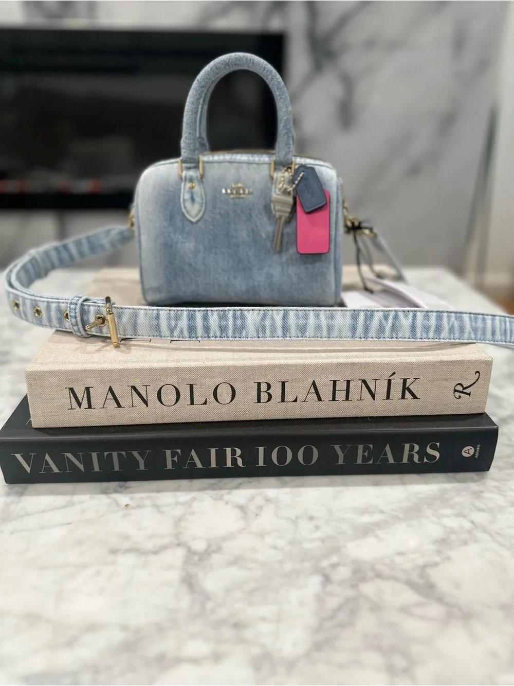 Coach Light Blue Denim Mini Satchel with Pink & Navy Tags